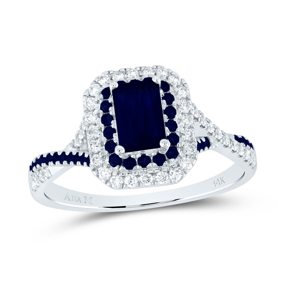 14kt White Gold 1/5 Cttw Diamond Ana M and 1/5 Cttw Round Blue Sapphire 6x4mm Emerald Blue Sapphire Natural Gem Double Halo Wedding Engagement Anniversary Bridal Ring, Women Size: 5-9