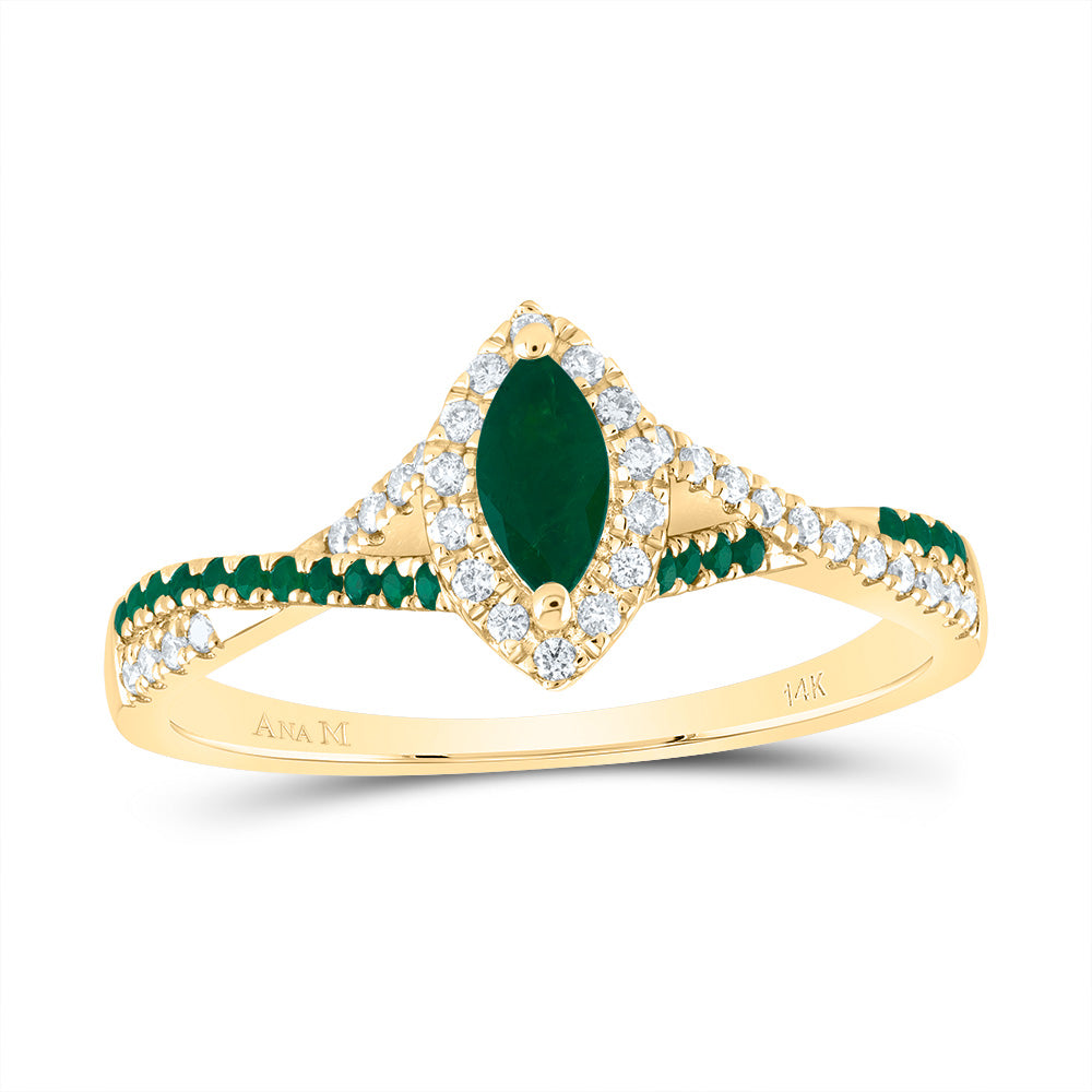 14kt Yellow Gold 1/8 Cttw Diamond Ana M and 1/10 Cttw Round Emerald 6x3mm Mq Emerald Natural Gem Single Halo Wedding Engagement Anniversary Bridal Ring, Women Size: 5-9