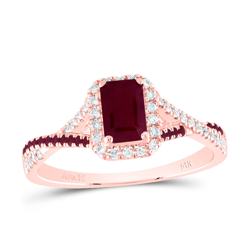 14kt Rose Gold 1/6 Cttw Diamond Ana M and 1/10 Cttw Round Ruby 6x4mm Emerald Ruby Natural Gem Single Halo Wedding Engagement Anniversary Bridal Ring, Women Size: 5-9