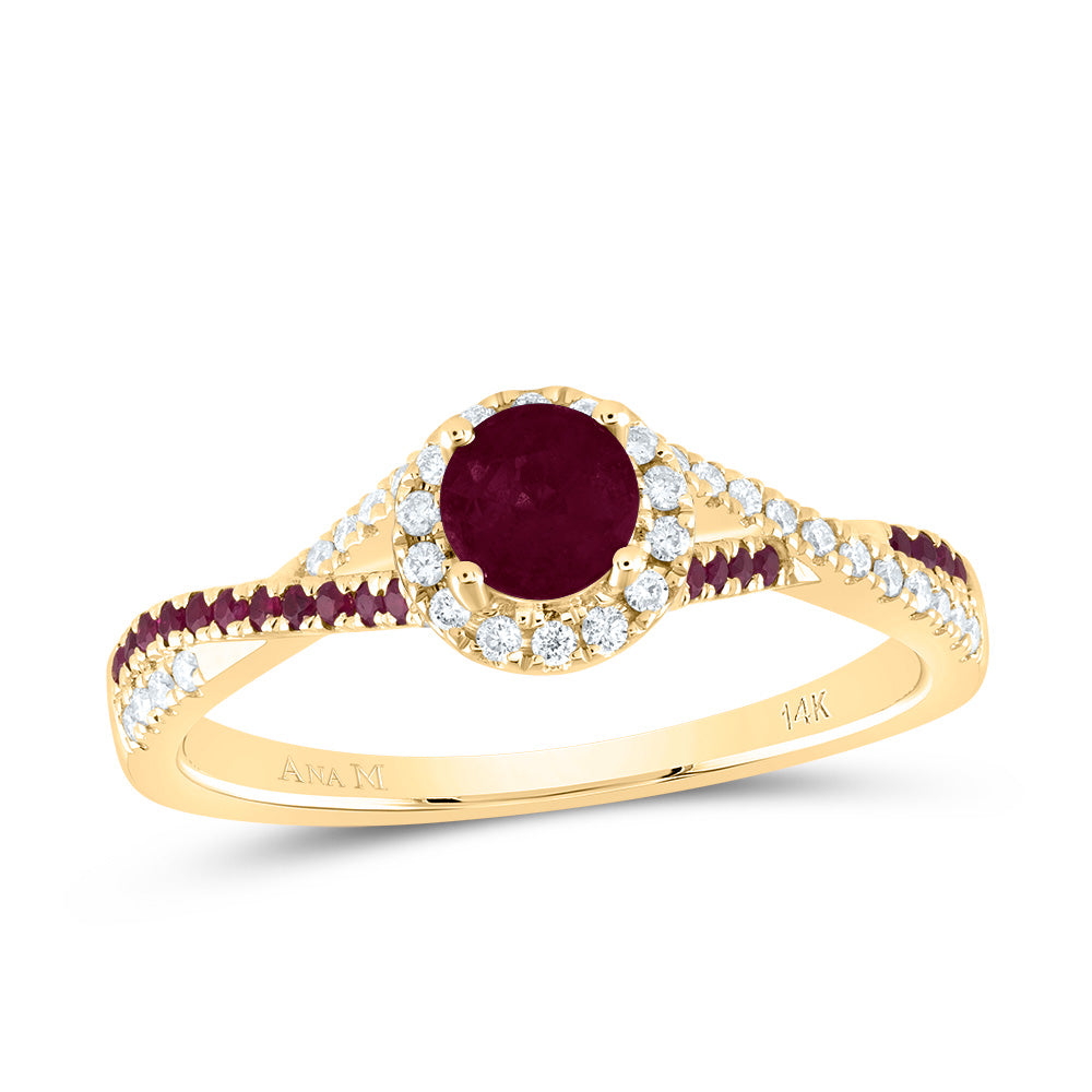14kt Yellow Gold 1/8 Cttw Diamond Ana M and 1/10 Cttw Round Ruby 4mm Round Ruby Natural Gem Single Halo Wedding Engagement Anniversary Bridal Ring, Women Size: 5-9