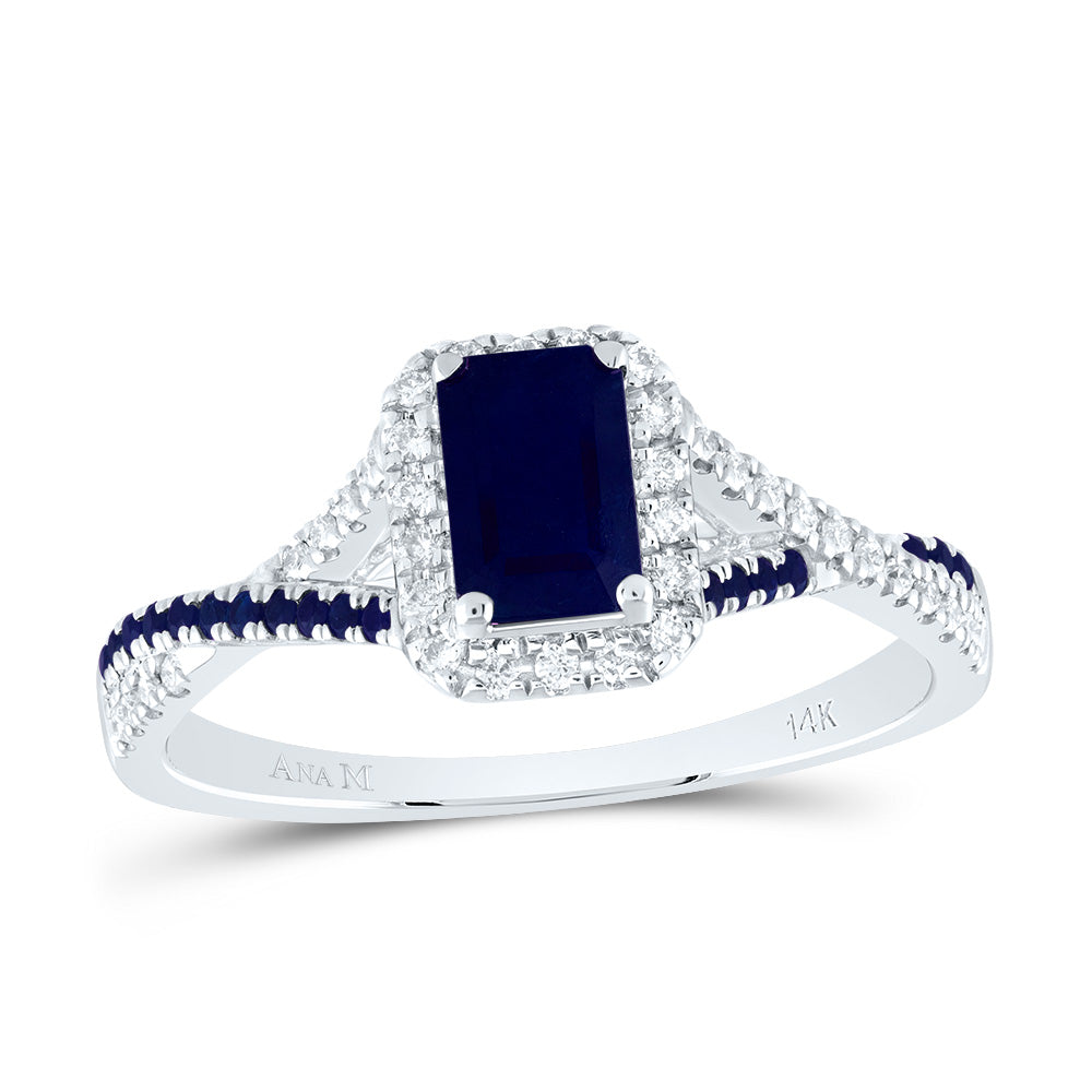 14kt White Gold 1/6 Cttw Diamond Ana M and 1/10 Cttw Round Blue Sapphire 6x4mm Emerald Blue Sapphire Natural Gem Single Halo Wedding Engagement Anniversary Bridal Ring, Women Size: 5-9