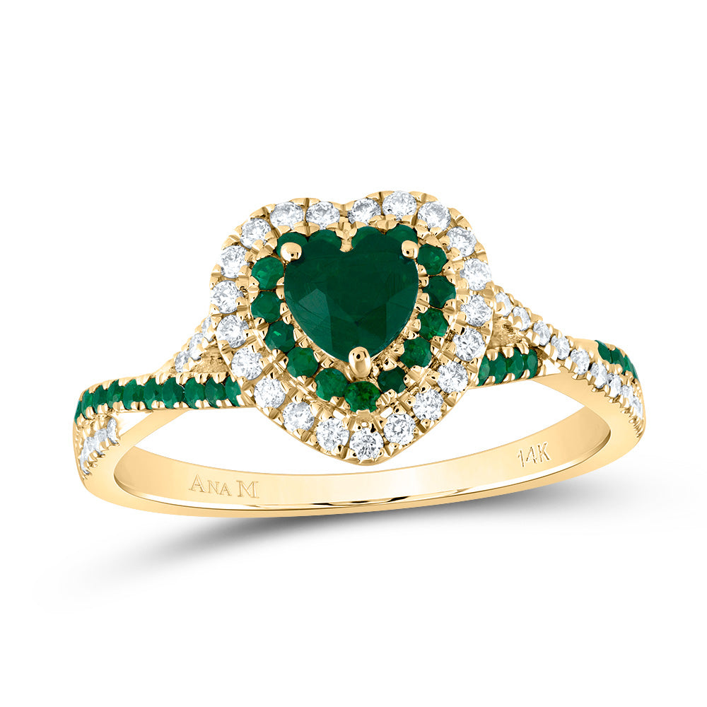 14kt Yellow Gold 1/5 Cttw Diamond Ana M and 1/5 Cttw Round Emerald 4.5mm Ht Emerald Natural Gem Double Halo Wedding Engagement Anniversary Bridal Ring, Women Size: 5-9