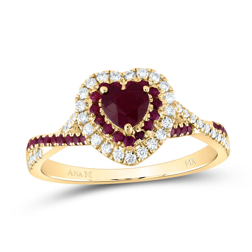 14K Yellow Gold 1/5Cttw Natural Diamond 1/4Ct Round Ruby 4.5Mm Heart Ruby Double Halo Bridal Ring