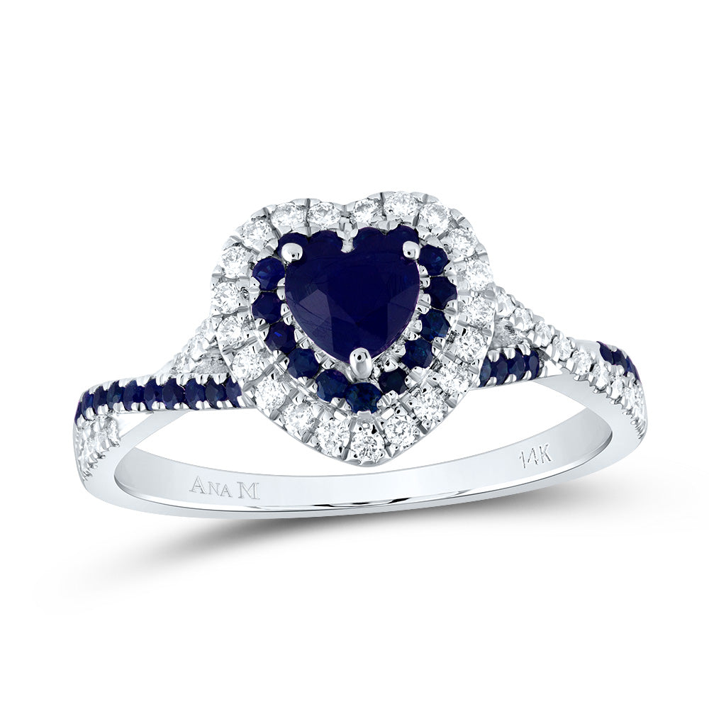14kt White Gold 1/5 Cttw Diamond Ana M and 1/5 Cttw Round Blue Sapphire 4.5mm Ht Blue Sapphire Natural Gem Double Halo Wedding Engagement Anniversary Bridal Ring, Women Size: 5-9