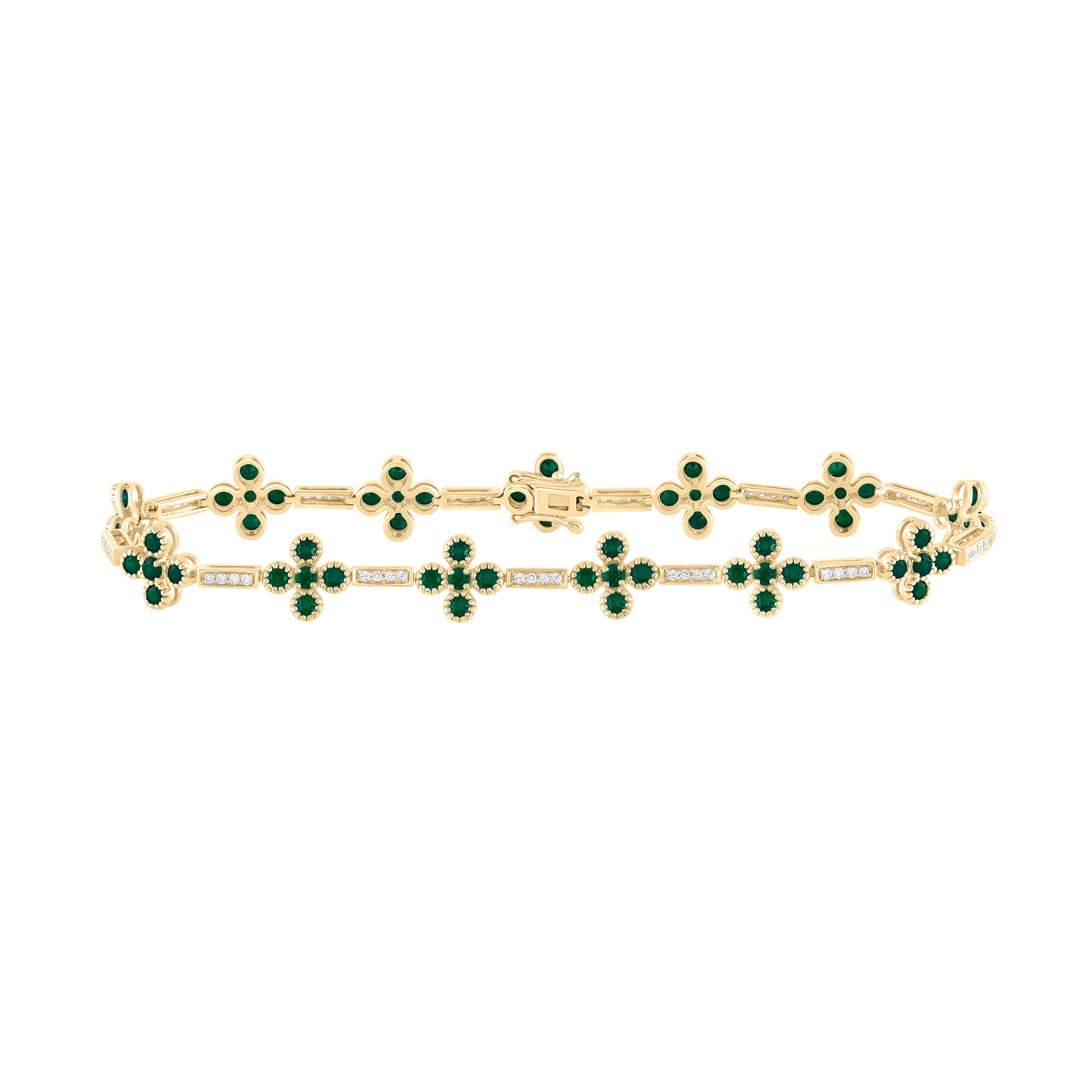 14kt Yellow Gold 1/4 Cttw Diamond Ana M 2 7/8 Cttw Round Emerald Natural Gem Clover Bracelet, Length: 7 Inch