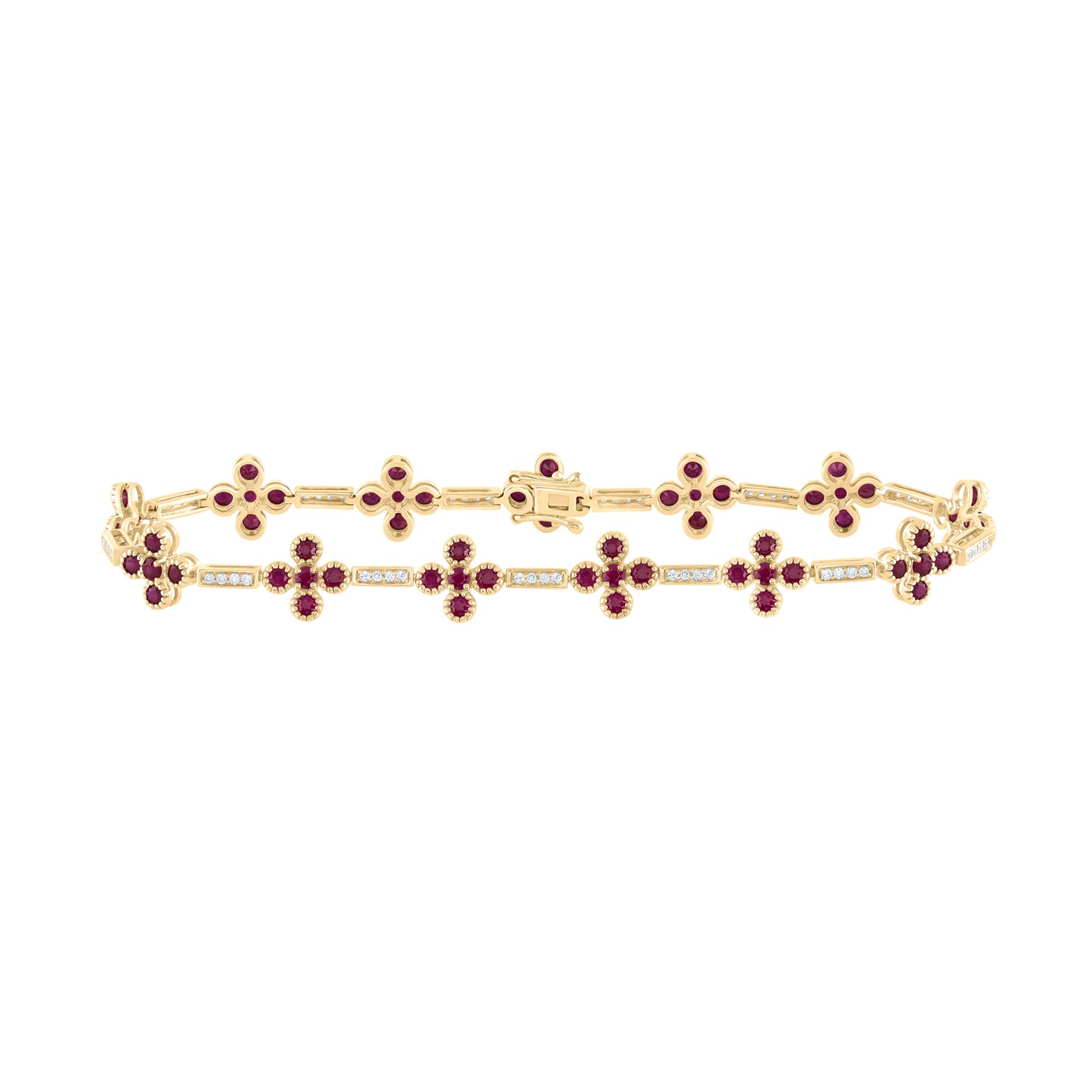 14kt Yellow Gold 1/4 Cttw Diamond Ana M 3 1/4 Cttw Round Ruby Natural Gem Clover Bracelet, Length: 7 Inch