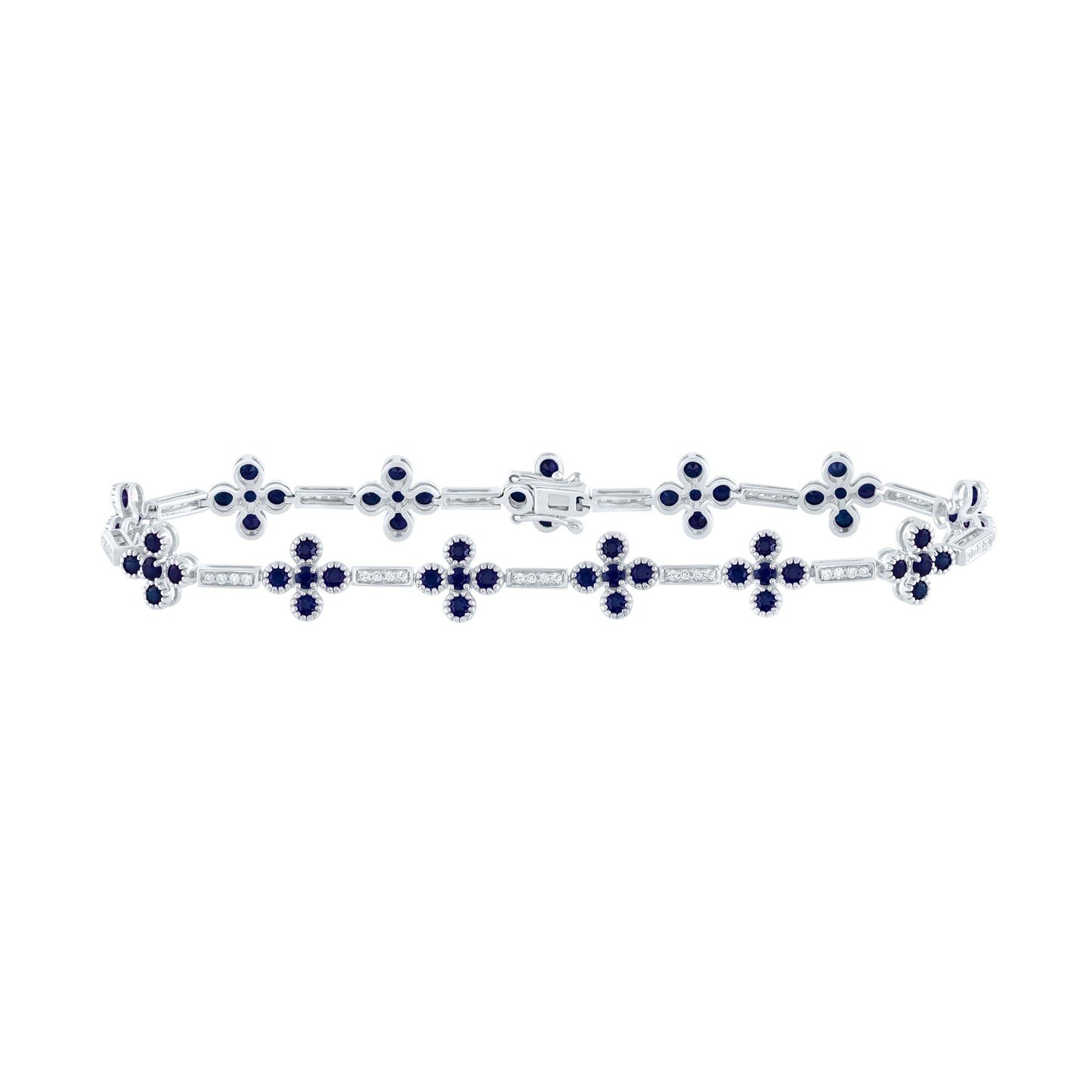 14kt White Gold 1/4 Cttw Diamond Ana M and 3 Cttw Round Blue Sapphire Natural Gem Clover Bracelet, Length: 7 Inch