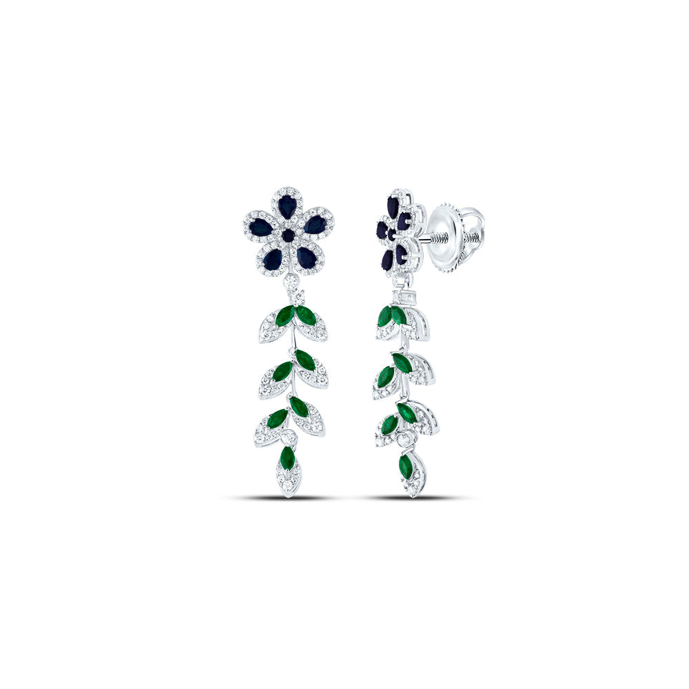 14kt White Gold 1 1/5 Cttw Diamond Ana M and 1 Cttw-mq-em, 1 Cttw Pear bs, 1/12 Cttw Round Blue Sapphire Natural Gem Dangling Earring