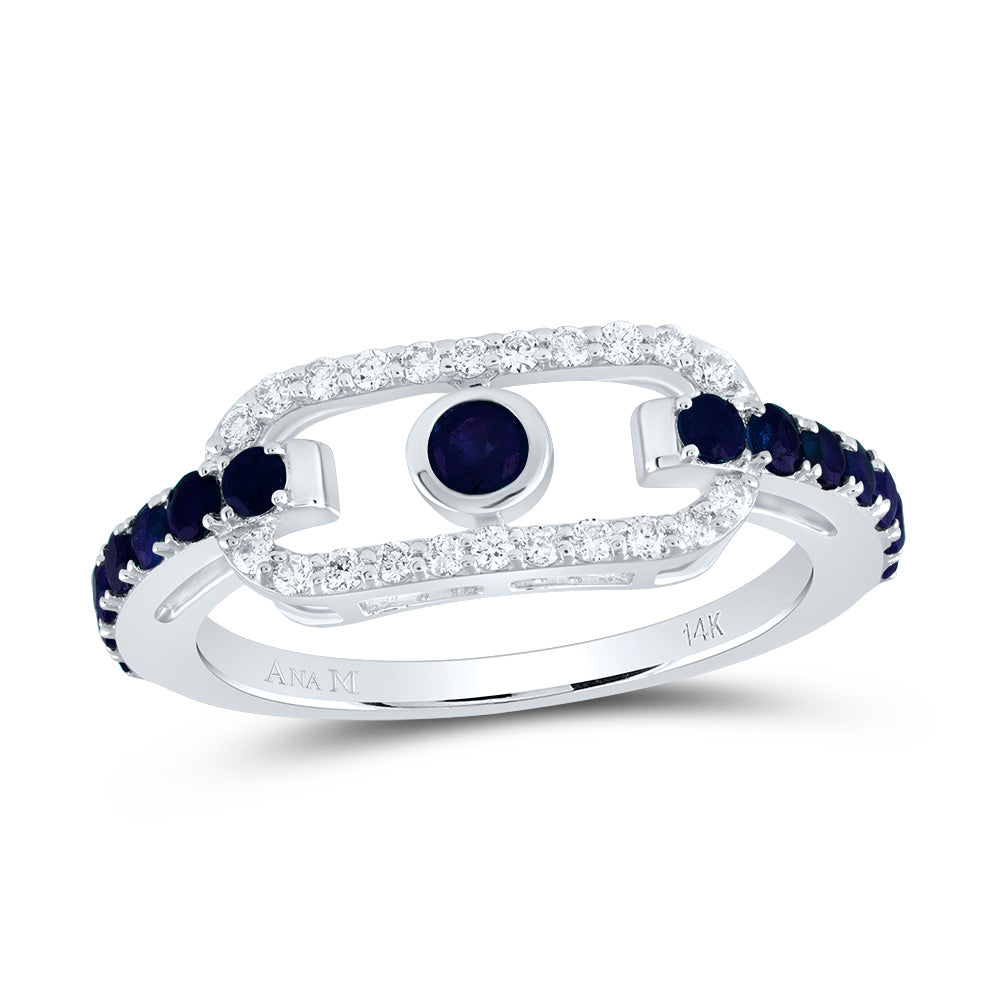 14kt White Gold 1/5 Cttw Diamond Ana M and 3/4 Cttw Round Blue Sapphire Natural Gem Paper Clip Wedding Engagement Anniversary Ring, Women Size: 5-9