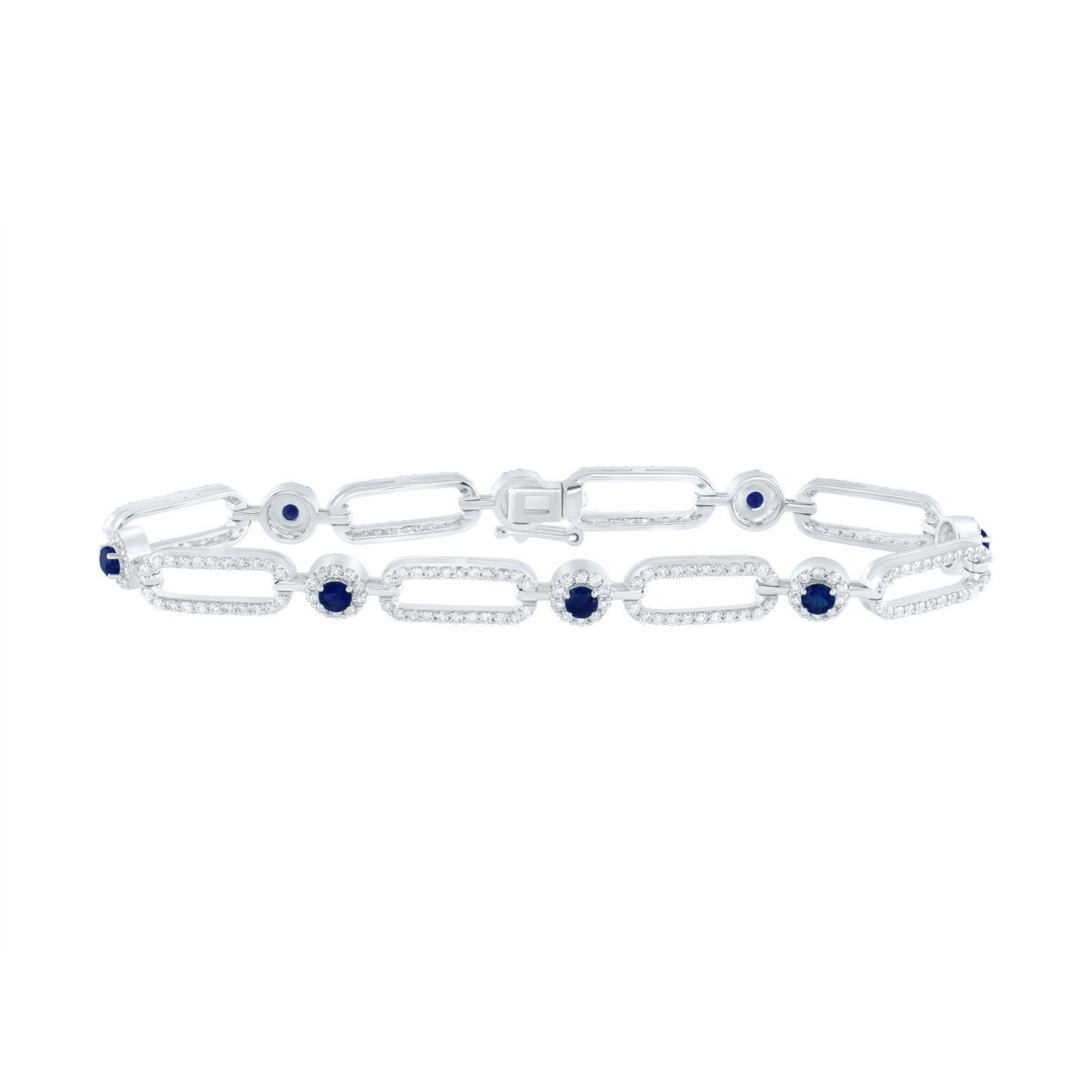 14kt White Gold 2 Cttw Diamond Ana M and 1 Cttw Round Blue Sapphire Natural Gem Paper Clip Bracelet, Length: 7 Inch