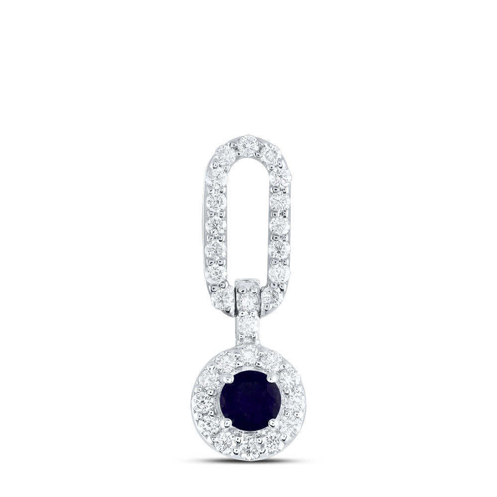 14kt White Gold 1/6 Cttw Diamond Ana M and 1/8 Cttw Round Blue Sapphire Natural Gem Paper Clip Pendant