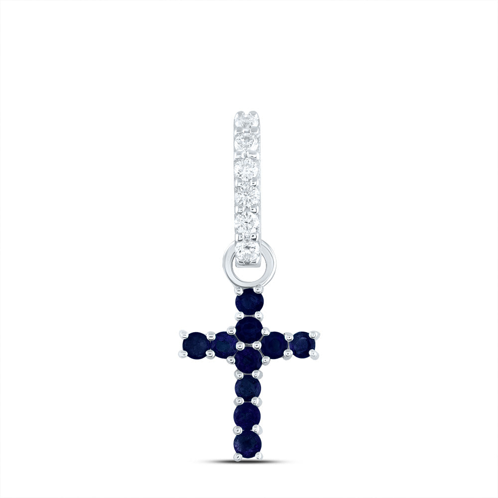 14kt White Gold 1/20 Cttw Diamond Ana M and 1/5 Cttw Round Blue Sapphire Natural Gem Cross Pendant