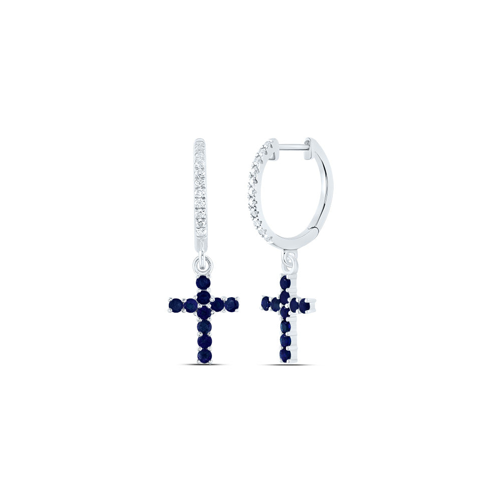 14kt White Gold 1/10 Cttw Diamond Ana M and 1/2 Cttw Round Blue Sapphire Natural Gem Cross Dangling Earring