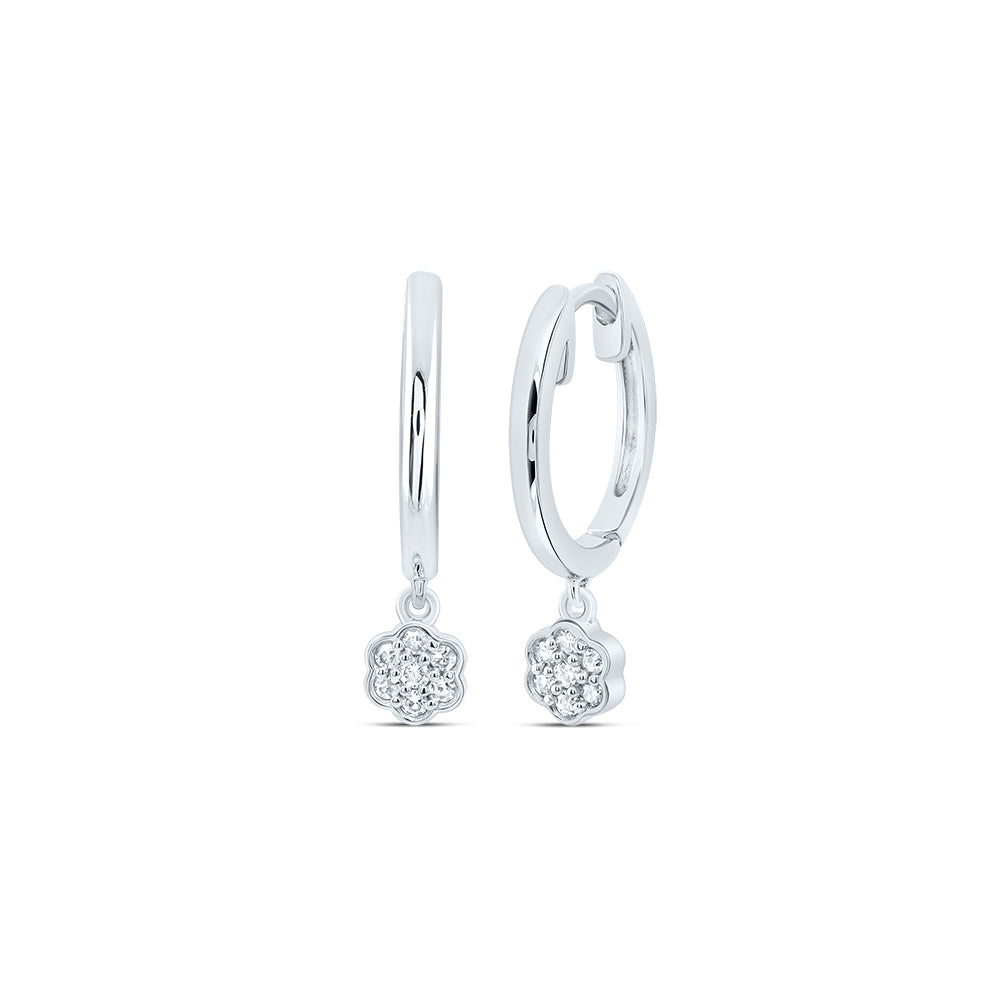 10kt White Gold 1/12 Cttw Diamond Flower Dangling Hoops Earring