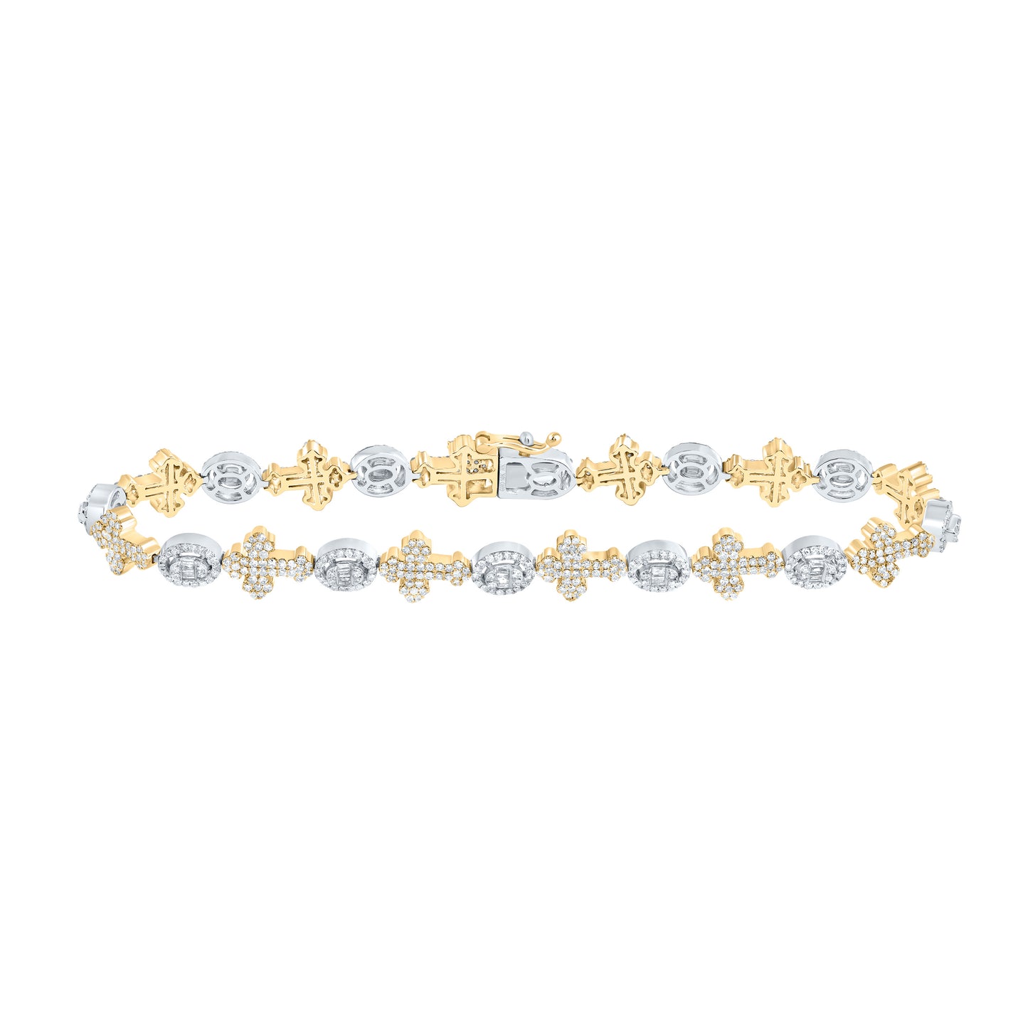 10k Yellow White Gold 2 5/8 Cttw Diamond Round Cross Mens Bracelet, Length: 8 Inch