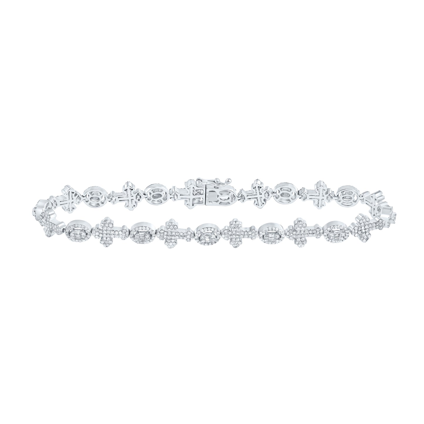 10kt White Gold 2 5/8 Cttw Diamond Round Cross Mens Bracelet, Length: 8 Inch