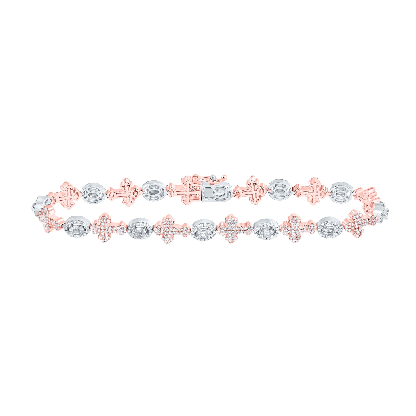 10k Rose White Gold 2 5/8 Cttw Diamond Round Cross Mens Bracelet, Length: 8 Inch