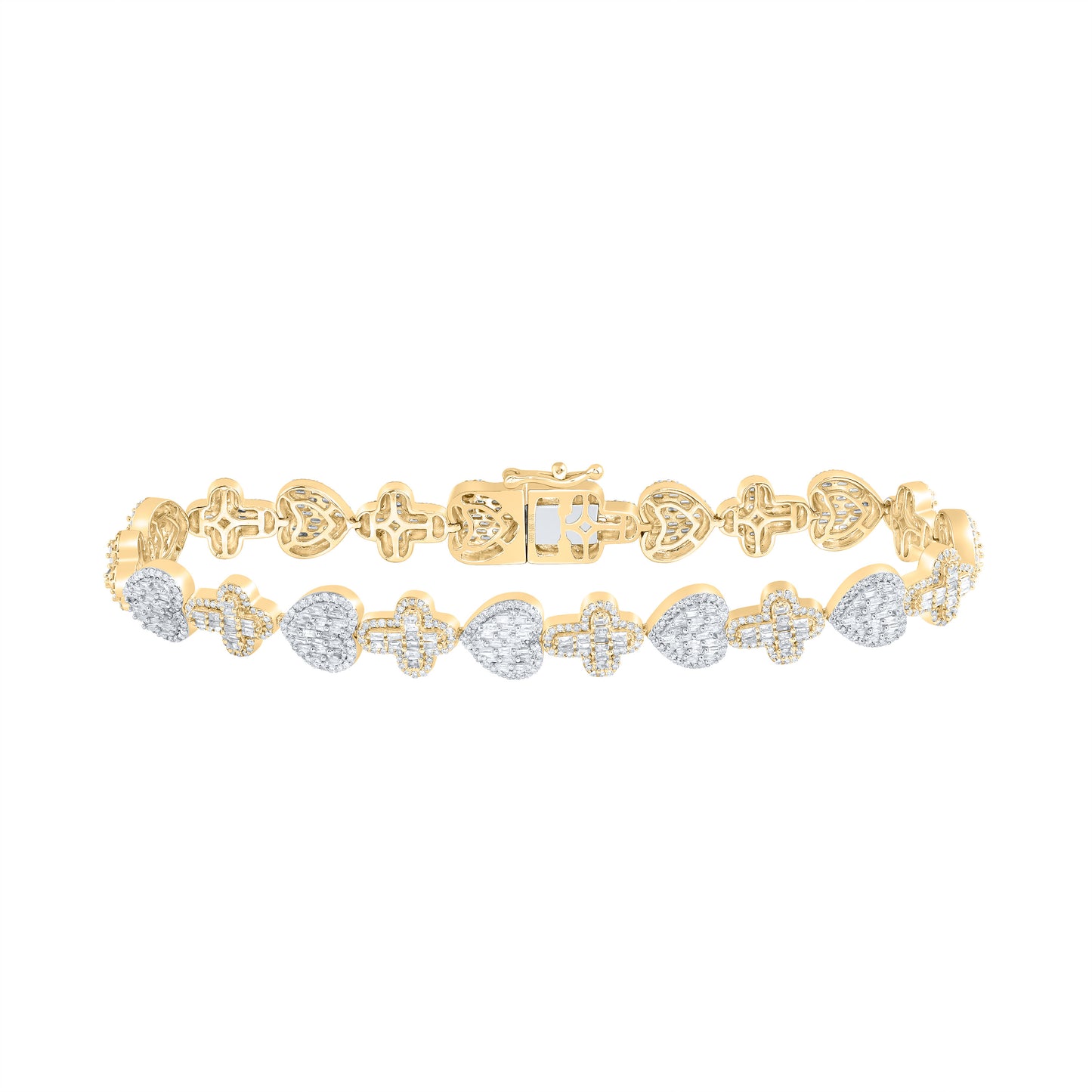 10kt Yellow Gold 3 1/2 Cttw Natural Diamond Heart Cross Bracelet, Length: 8 Inch
