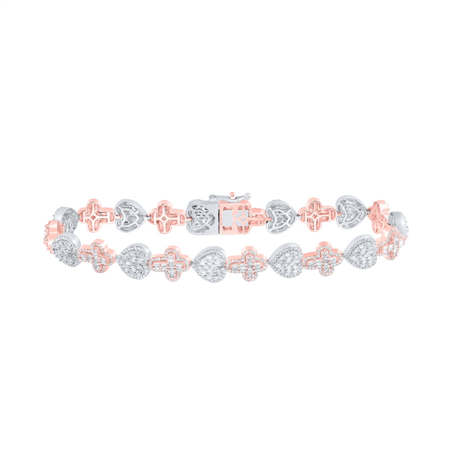 10k Rose White Gold 3 1/2 Cttw Natural Diamond Heart Cross Bracelet, Length: 8 Inch