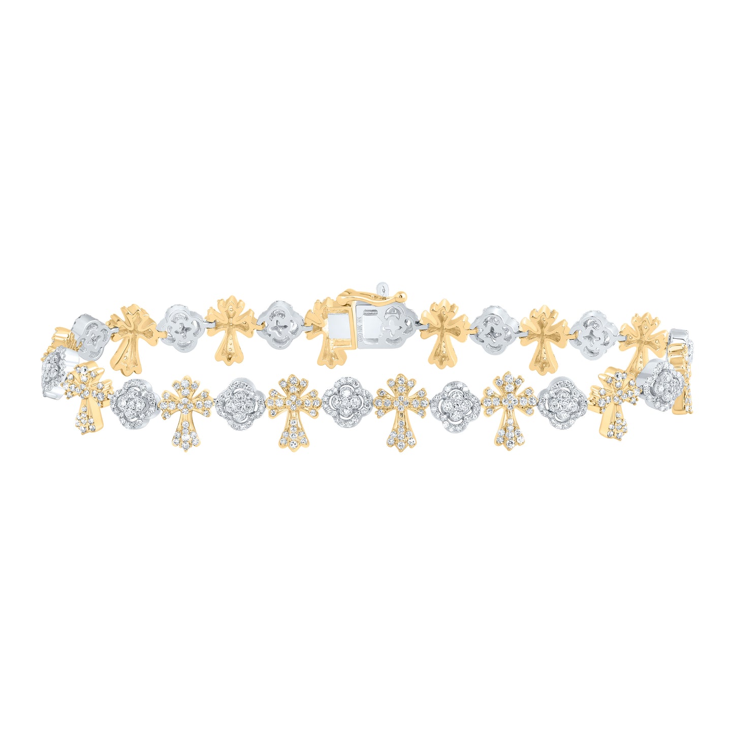 10k Yellow White Gold 2 3/8 Cttw Diamond Clover Cross Bracelet, Length: 8 Inch