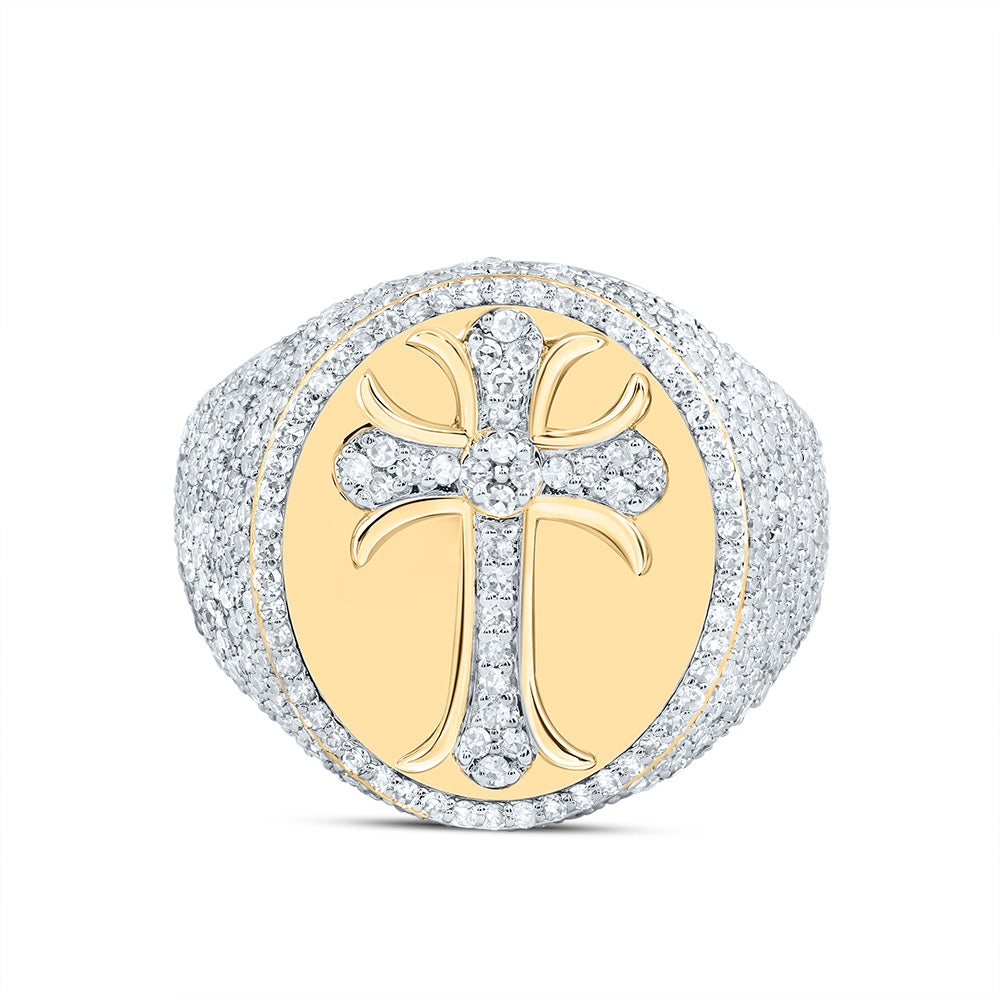 10kt Yellow Gold 1 7/8 Cttw Diamond Crome Cross Mens Ring, Men Size: 8-12