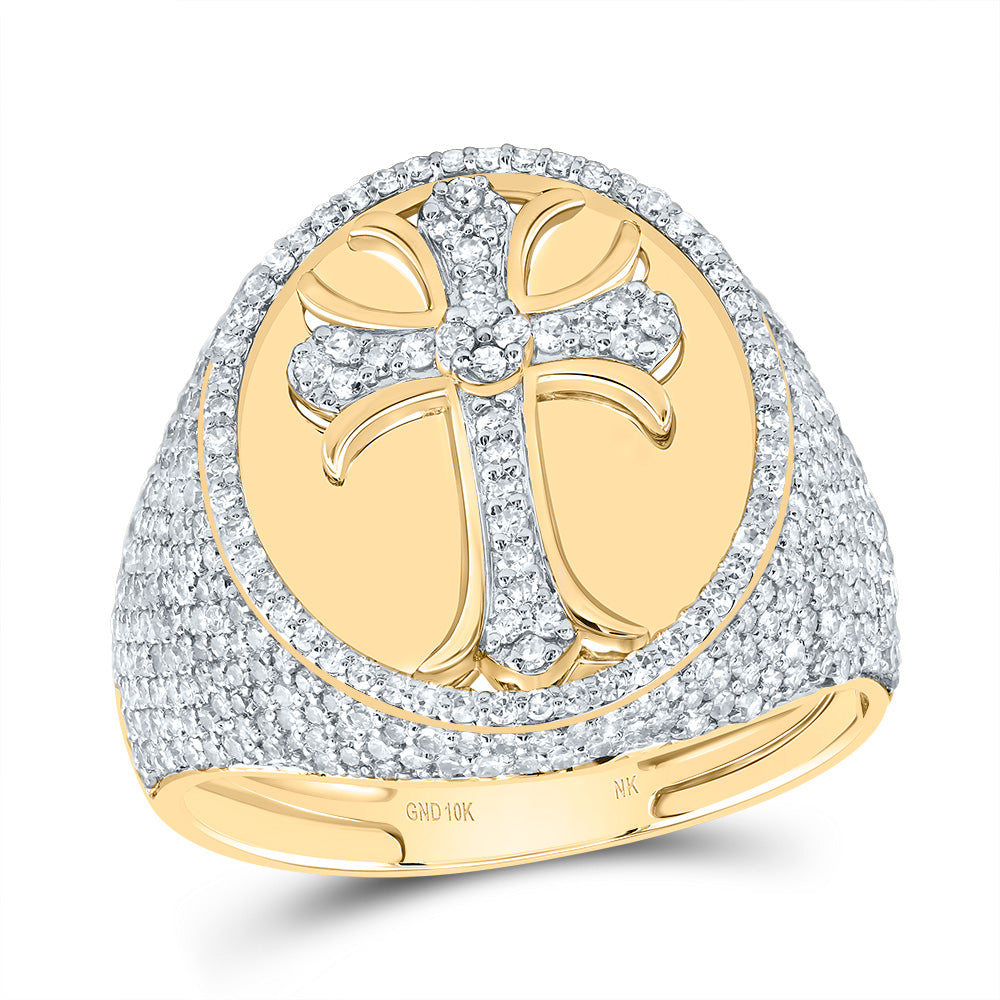 10kt Yellow Gold 1 7/8 Cttw Diamond Crome Cross Mens Ring, Men Size: 8-12