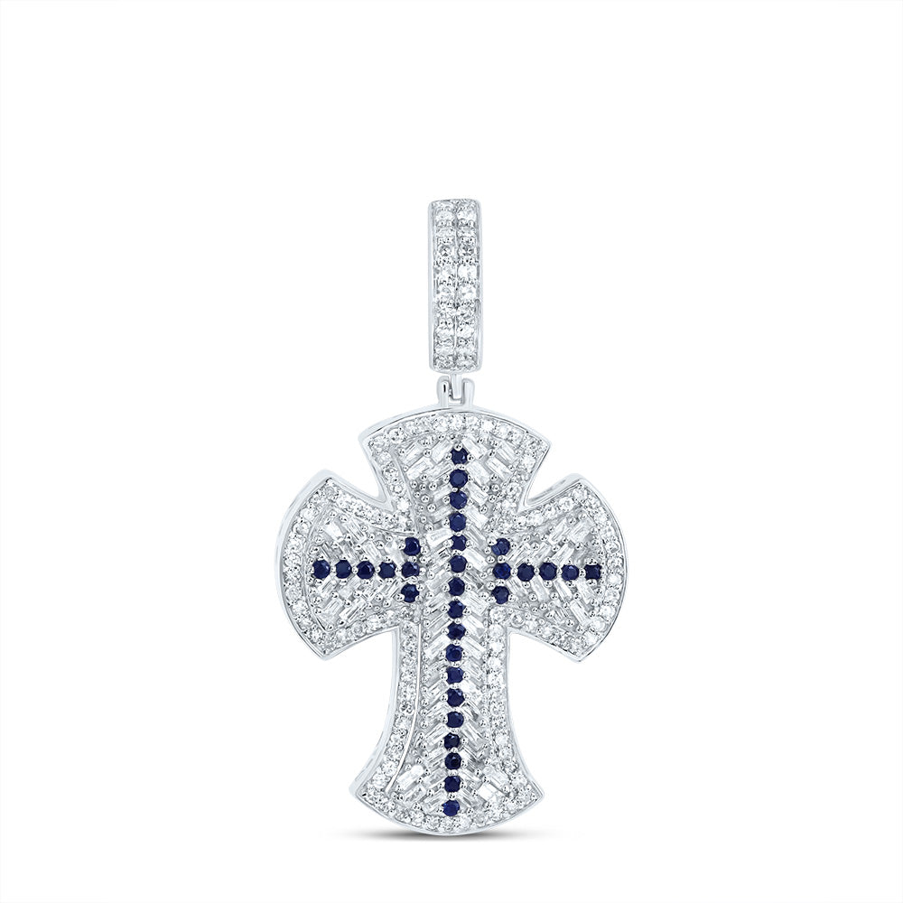 10kt White Gold 7/8 Cttw Diamond and 1/5 Cttw Round Blue Sapphire Natural Gem Cross Mens Charm
