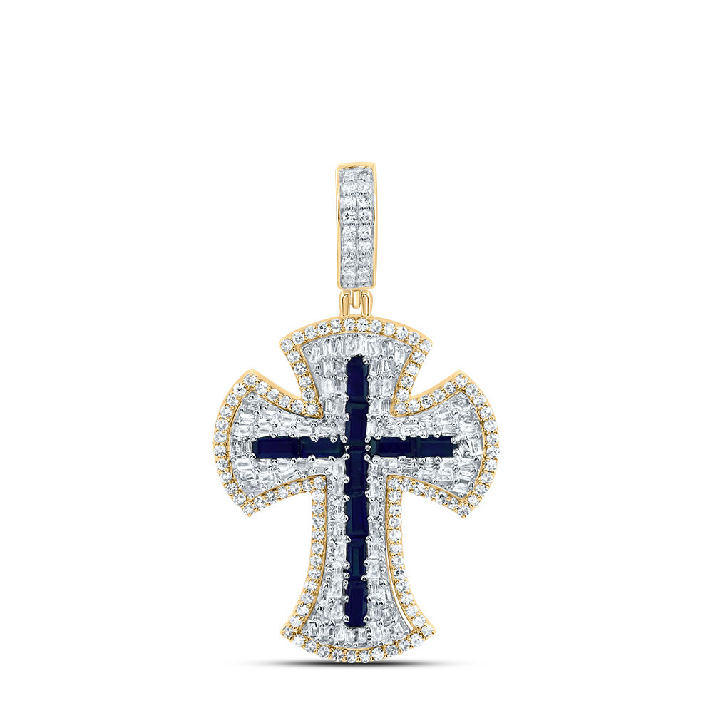 10kt Yellow Gold 1 Cttw Diamond 1ct-bag Blue Sapphire Natural Gem Cross Mens Charm
