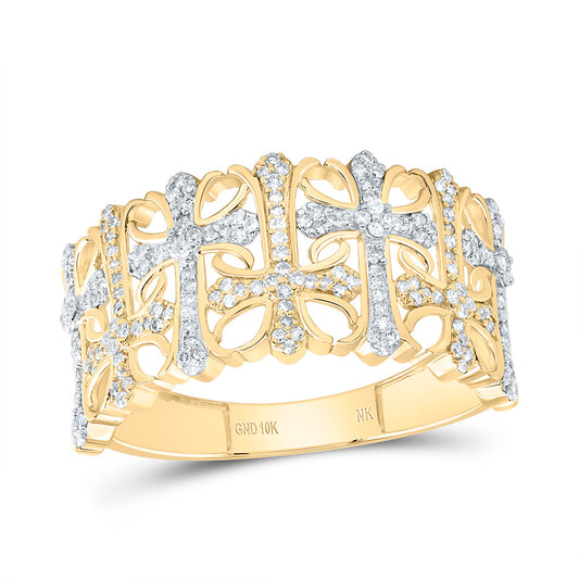 10kt Yellow Gold 3/8 Cttw Diamond Crome Cross Mens Ring, Men Size: 8-12