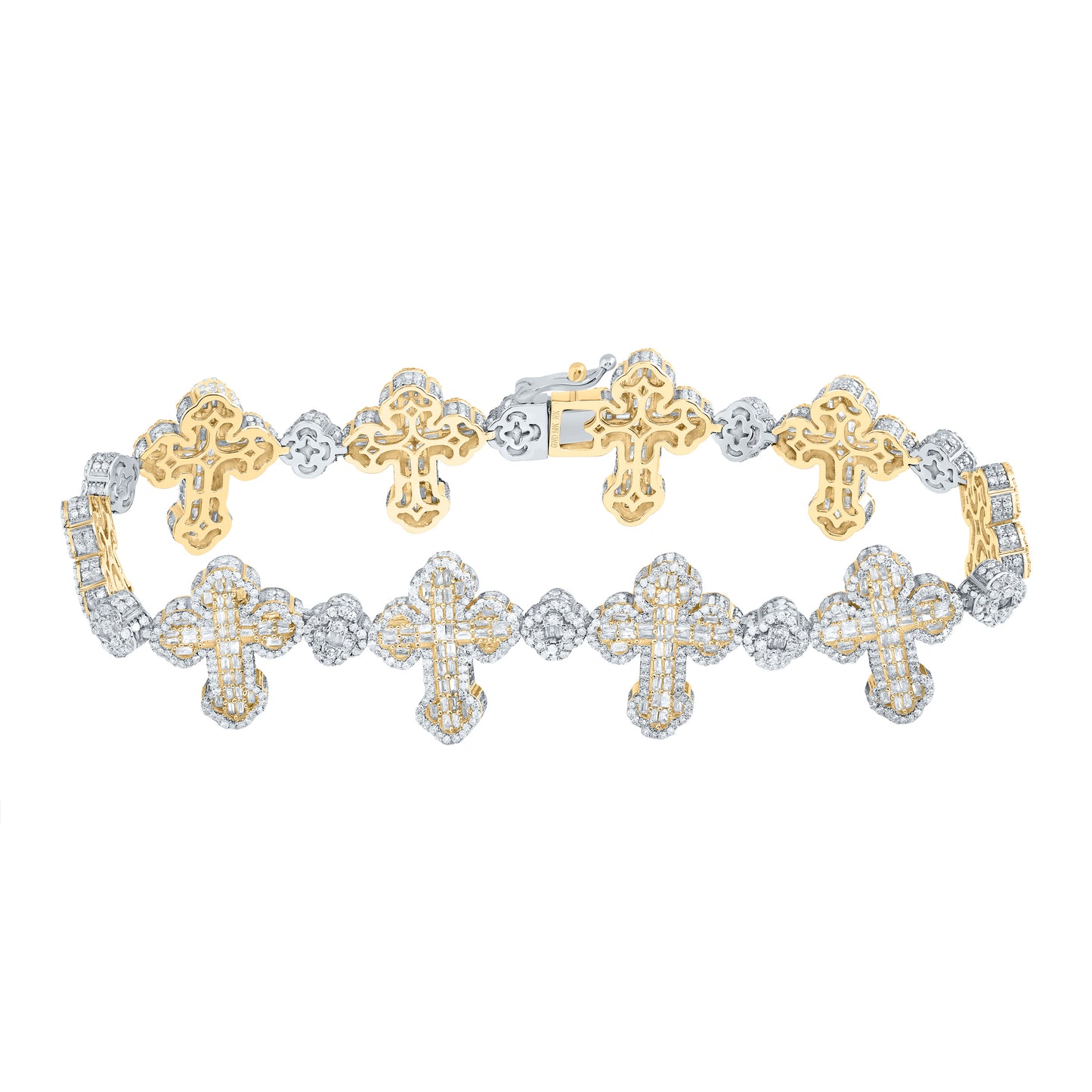 10K Yellow/White Gold 8 Cttw Natural Diamond Clover Cross Mens Bracelet (8 Inch)
