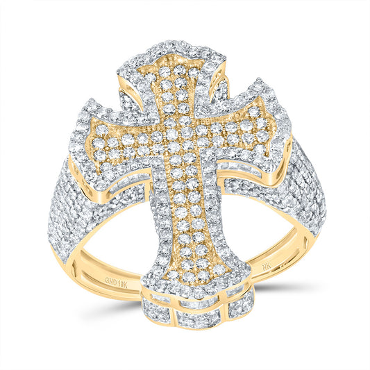 10kt Yellow Gold 2 5/8 Cttw Diamond Crome Cross Mens Ring, Men Size: 8-12