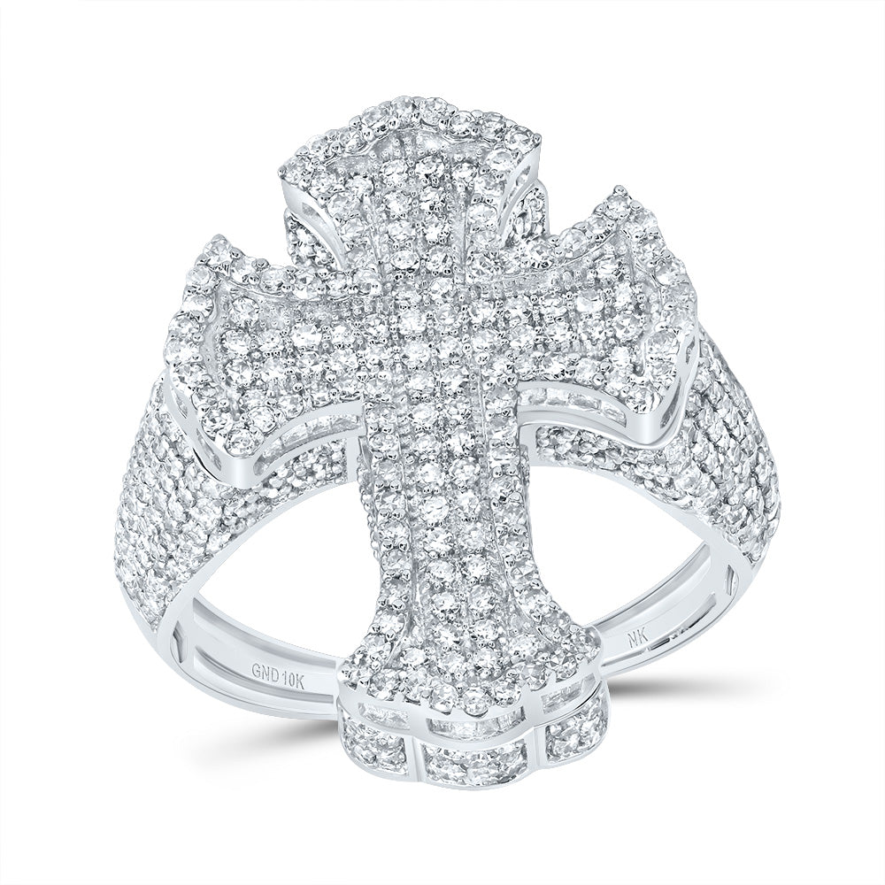 10kt White Gold 2 5/8 Cttw Diamond Crome Cross Mens Ring, Men Size: 8-12