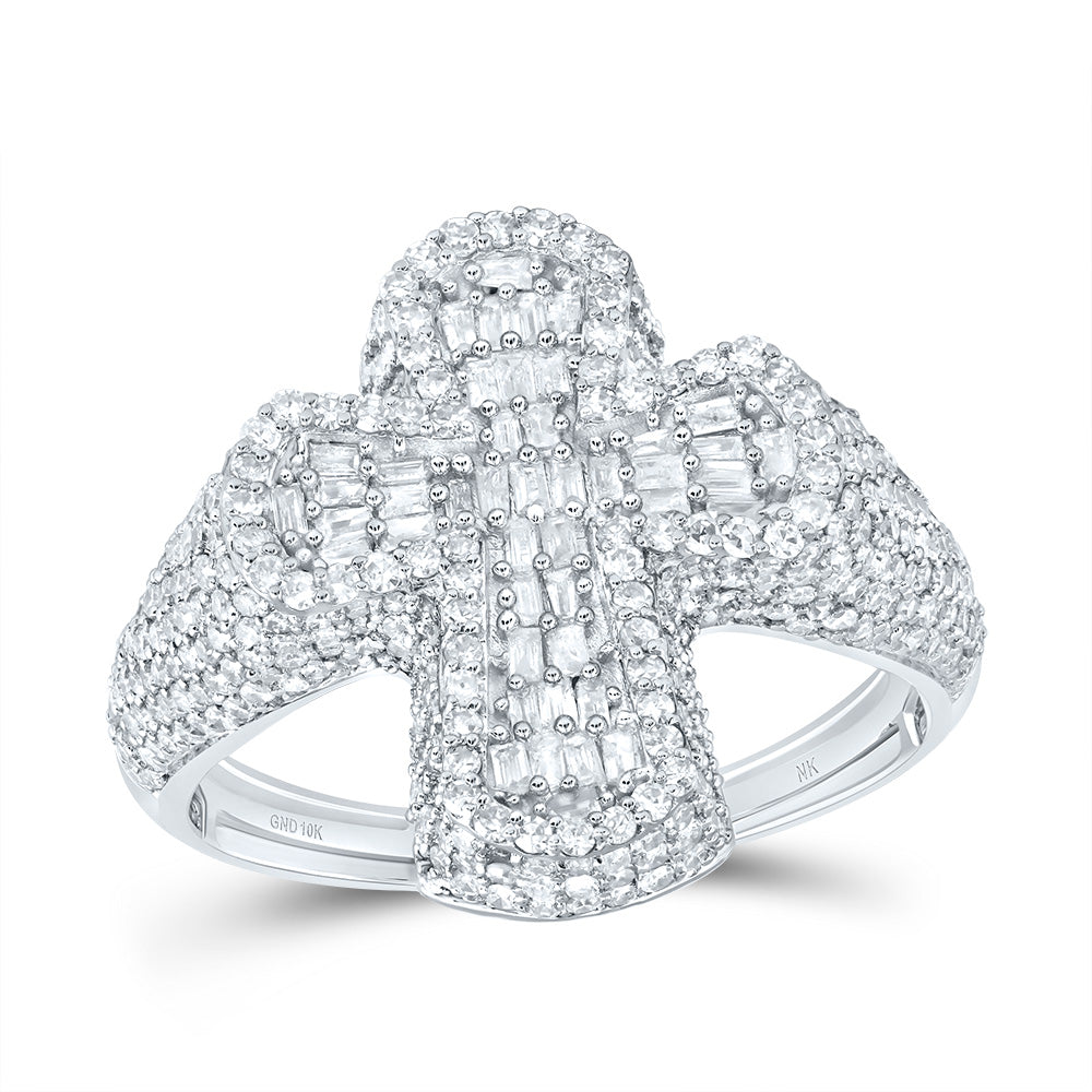 10kt White Gold 1 7/8 Cttw Diamond Crome Cross Mens Ring, Men Size: 8-12