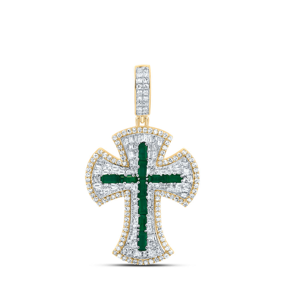 10kt Yellow Gold 1 Cttw Diamond 7/8ct-bag Emerald Natural Gem Cross Mens Charm