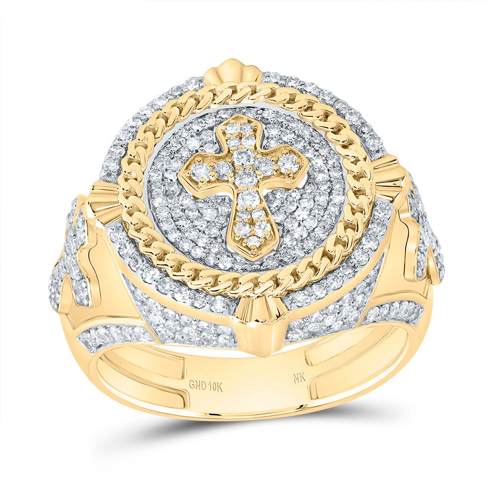 10kt Yellow Gold 1 1/5 Cttw Diamond Cross Mens Ring, Men Size: 8-12