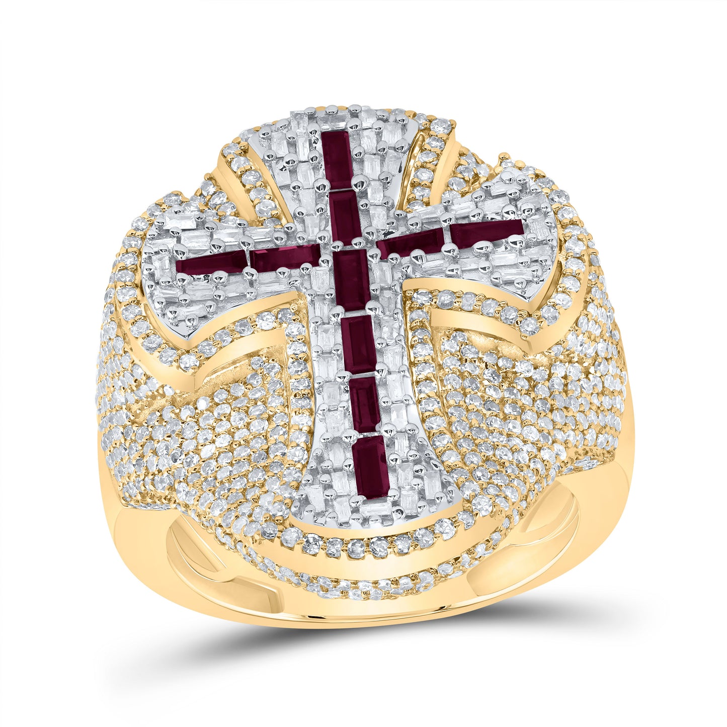 10kt Yellow Gold 2 7/8 Cttw Diamond 7/8 Cttw Bag-ruby Natural Gem Cross Mens Ring, Men Size: 8-12