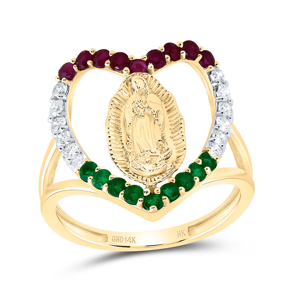 14kt Yellow Gold 1/3 Cttw Diamond and 1/5 Cttw Round ru,1/5 Cttw Round Emerald Natural Gem Virgin Mother Mary Heart Wedding Engagement Anniversary Ring, Women Size: 5-9