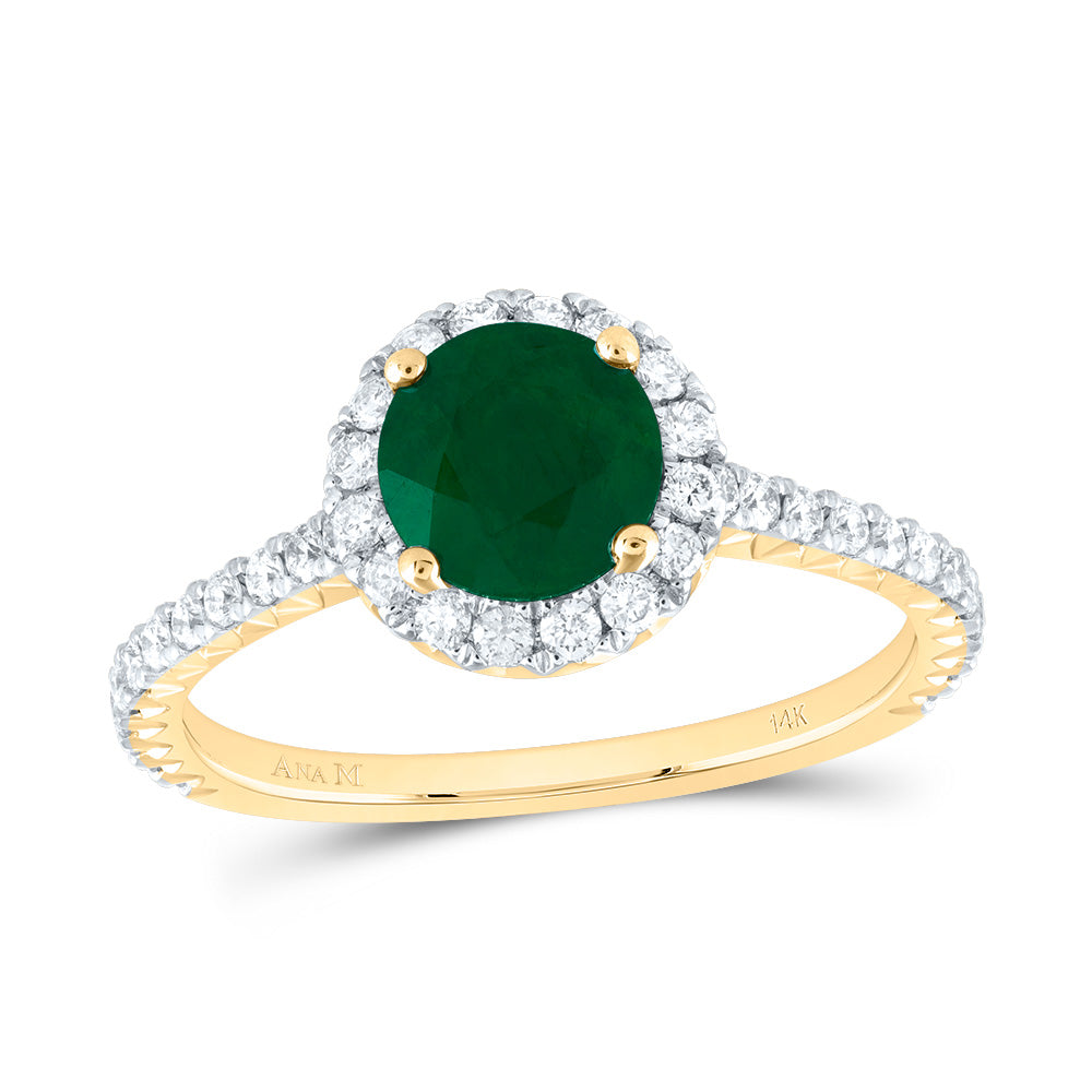 14kt Yellow Gold 1/2 Cttw Diamond Ana M 6.5mm Round Emerald Natural Gem Single Halo Wedding Engagement Anniversary Ring, Women Size: 5-9