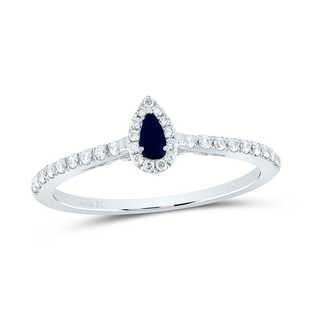 14kt White Gold 1/5 Cttw Diamond Ana M 4x2mm Pear Blue Sapphire Natural Gem Pear Wedding Engagement Anniversary Ring, Women Size: 5-9