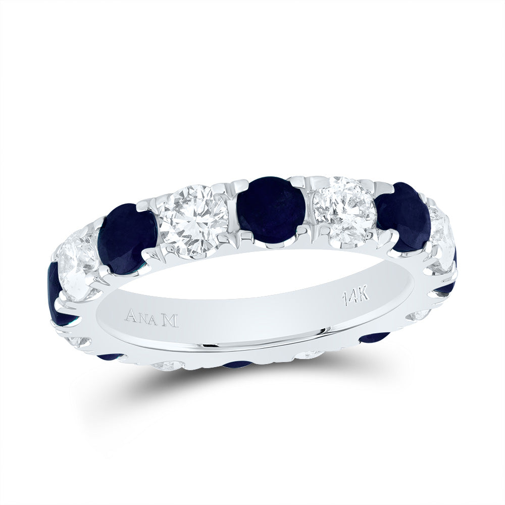 14kt White Gold 1 7/8 Cttw Diamond Ana M 2 1/3 Cttw Round Blue Sapphire Natural Wedding Engagement Anniversary Gem Ring, Women Size: 5-9