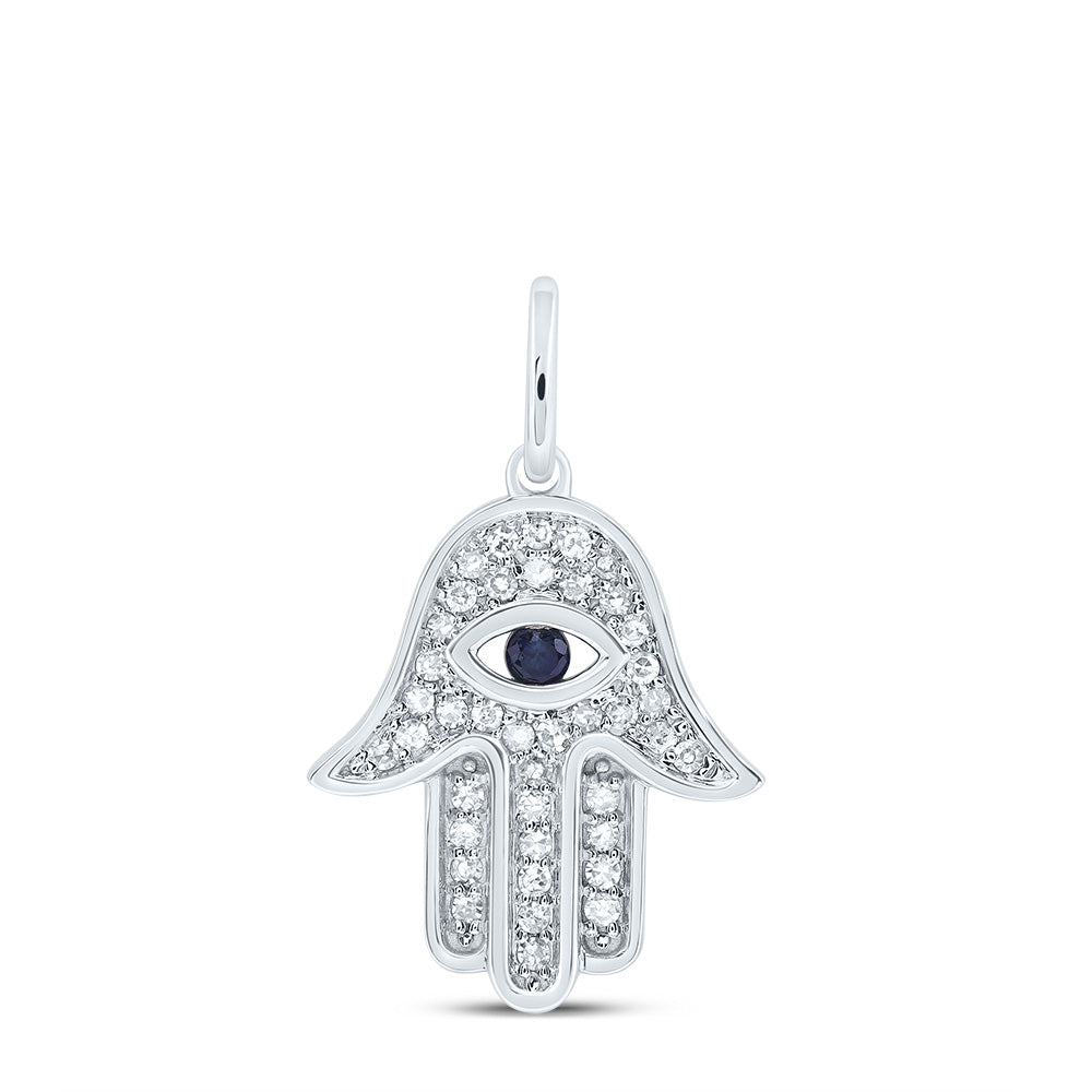 10kt White Gold 1/6 Cttw Diamond 2mm Round Blue Sapphire Natural Gem Evil Eye Hamsa Pendant