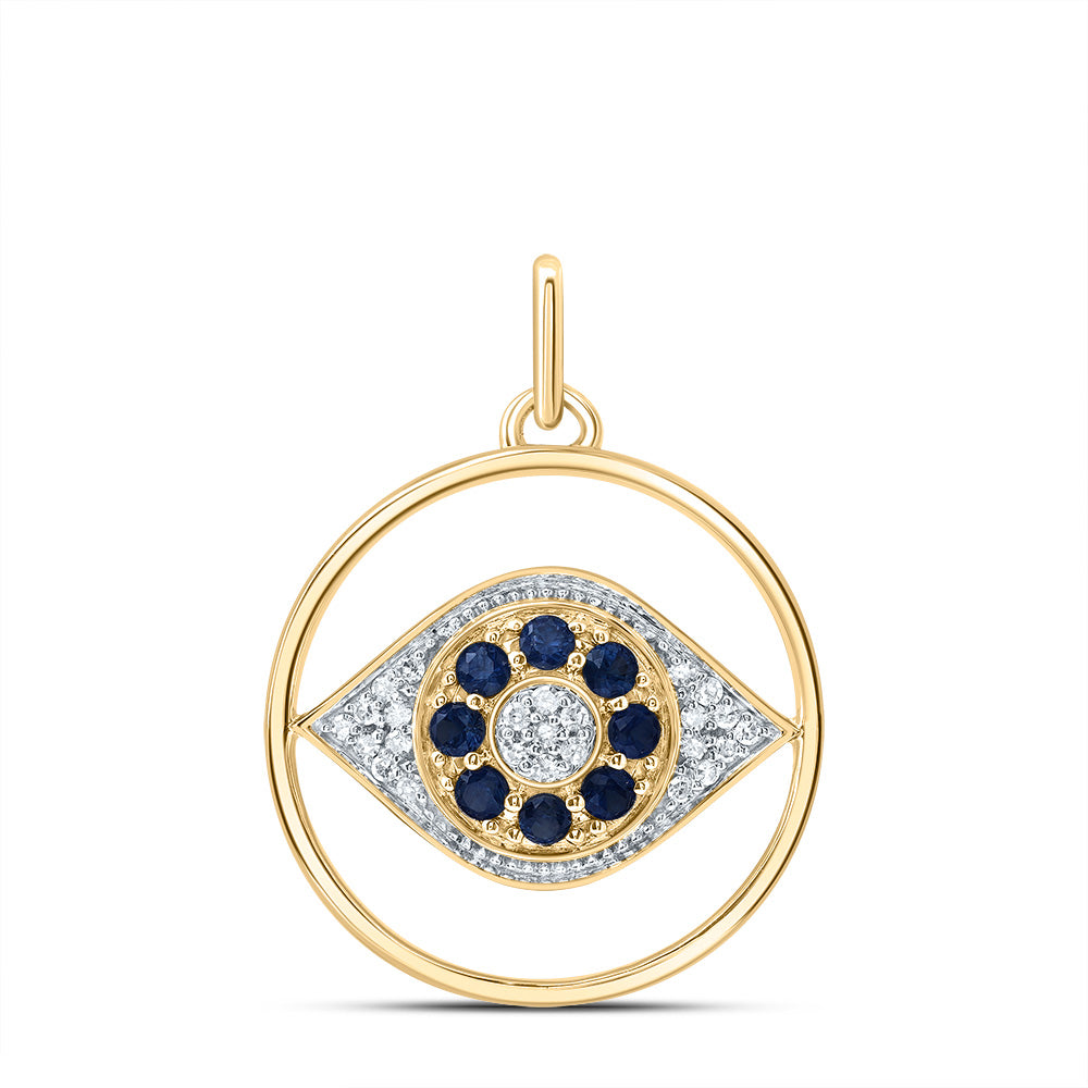 10kt Yellow Gold 1/10 Cttw Diamond and 1/3 Cttw Round Blue Sapphire Natural Gem Evil Eye Round Pendant