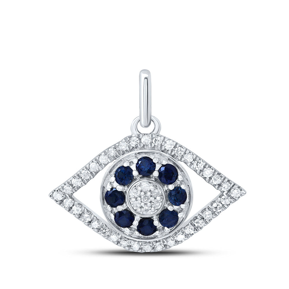 10kt White Gold 1/6 Cttw Diamond and 1/3 Cttw Round Blue Sapphire Natural Gem Evil Eye Pendant