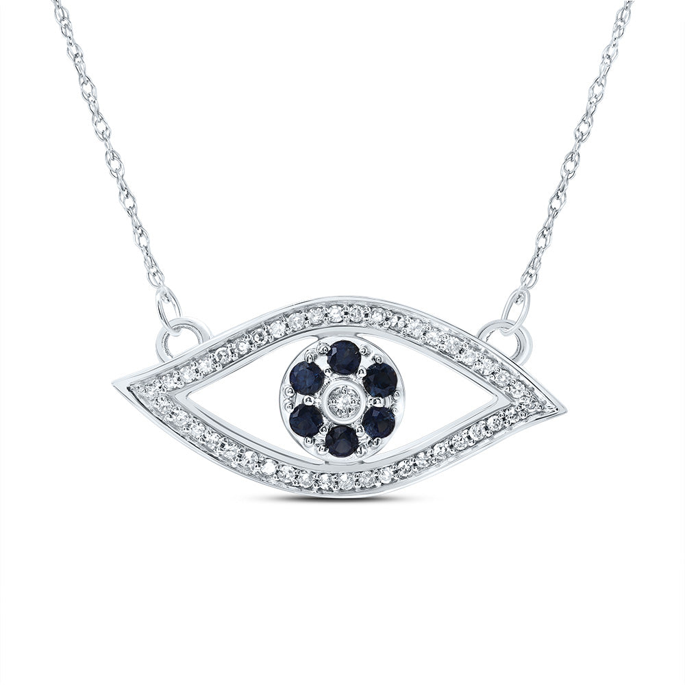 10kt White Gold 1/6 Cttw Diamond and 1/4 Cttw Round Blue Sapphire Natural Gem Evil Eye Necklace, Length: 18 Inch
