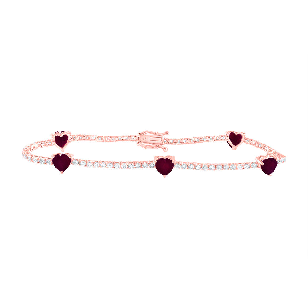 14kt Rose Gold 1 1/2 Cttw Diamond Ana M 3 1/3 Cttw Ht Ruby Natural Gem Fashion Heart Bracelet, Length: 7 Inch