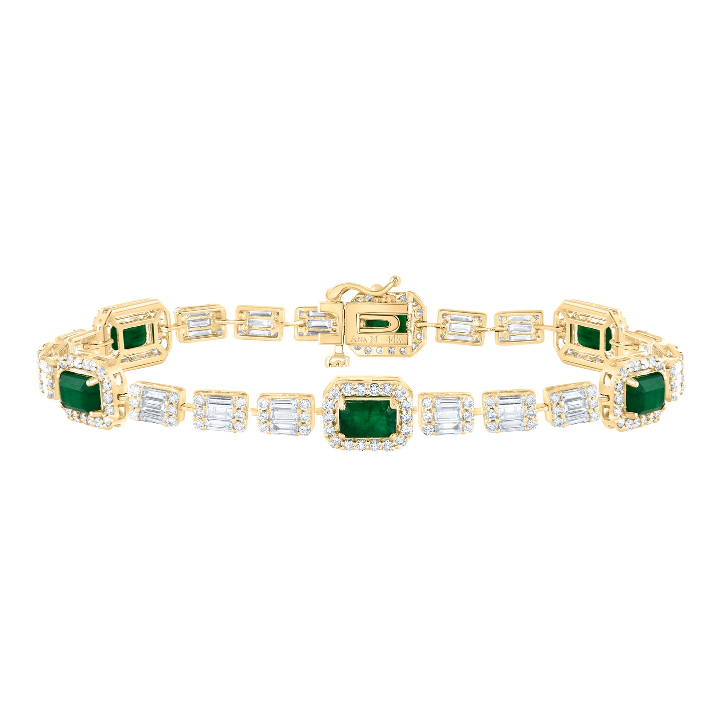 14kt Yellow Gold 3 Cttw Diamond Ana M 3 5/8 Cttw Emerald Emerald Natural Gem Fashion Bracelet, Length: 7 Inch
