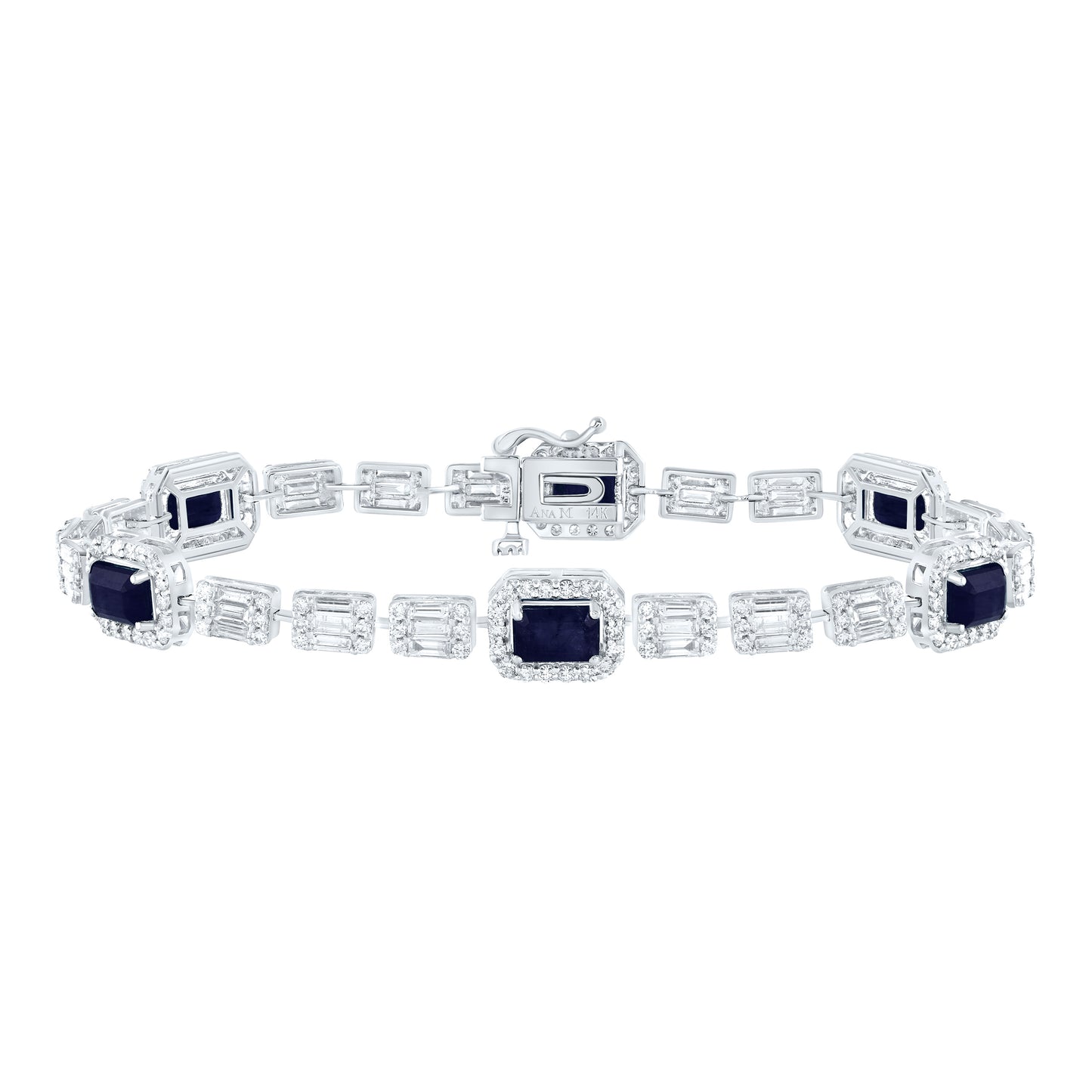 14kt White Gold 3 Cttw Diamond Ana M 4 3/4 Cttw Emerald Blue Sapphire Natural Gem Fashion Bracelet, Length: 7 Inch
