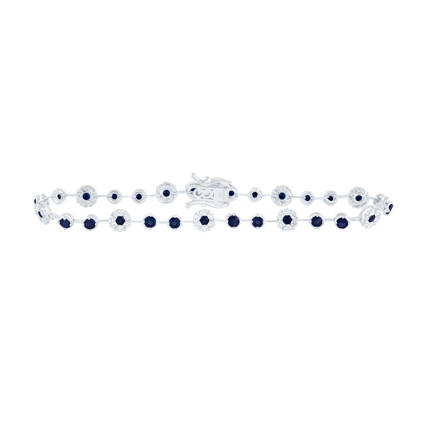 14kt White Gold 7/8 Cttw Diamond Ana M 2 Cttw Round Blue Sapphire Natural Gem Fashion Flower Bracelet, Length: 7 Inch