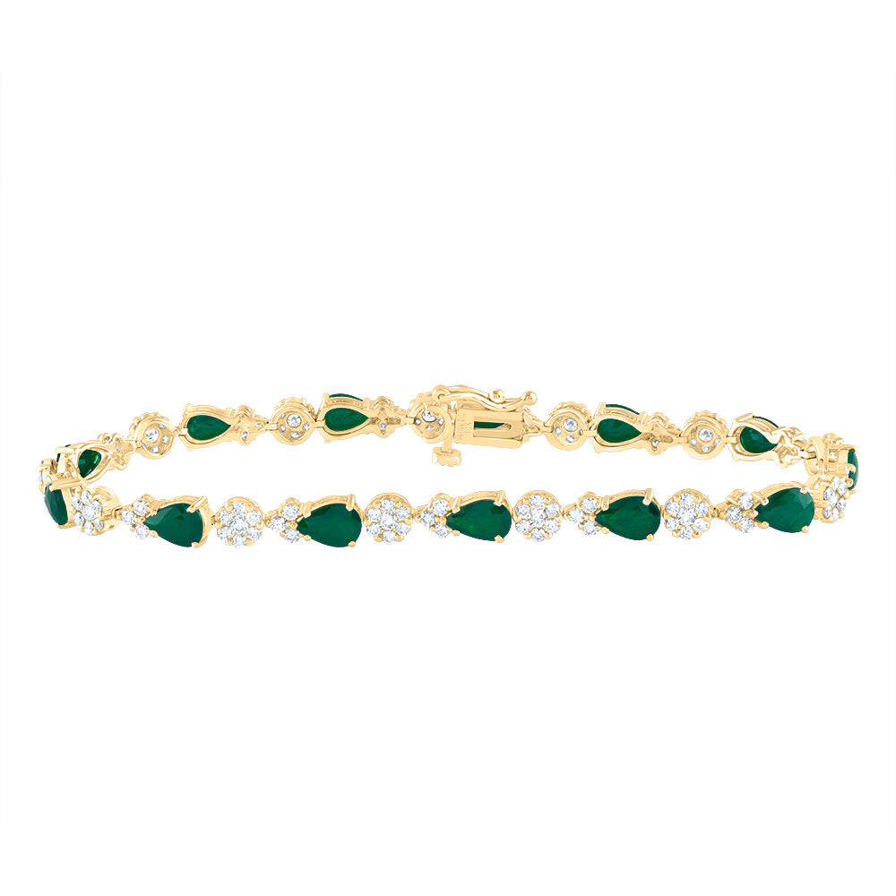 14kt Yellow Gold 1 5/8 Cttw Diamond Ana M 4 Cttw Pear Emerald Natural Gem Fashion Flower Bracelet, Length: 7 Inch