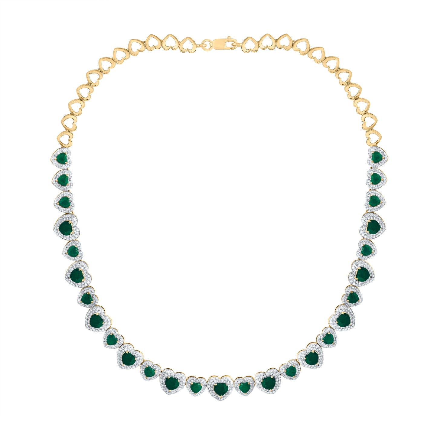 14kt Yellow Gold 3 1/3 Cttw Natural Diamond 11 Cttw Heart Emerald Natural Gem Fashion Heart Necklace, Length: 16 Inch